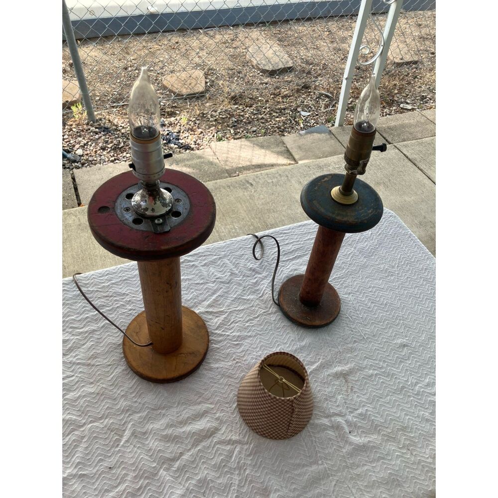 primitive cottage textile industrial spool lamps handmade